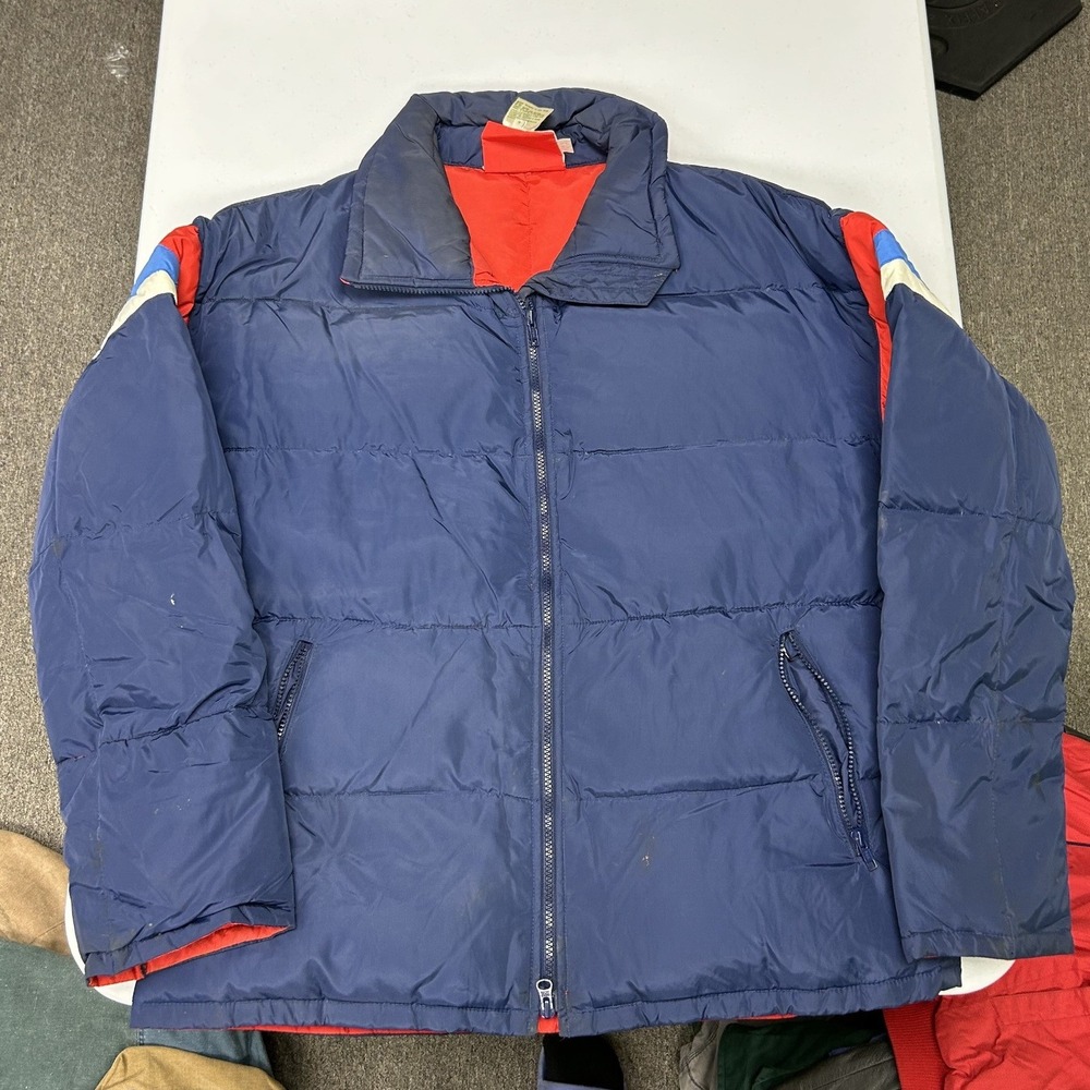 Skitique Puffer Jacket Mens L Blue Vintage Racing Stripe Quilted Full Zip